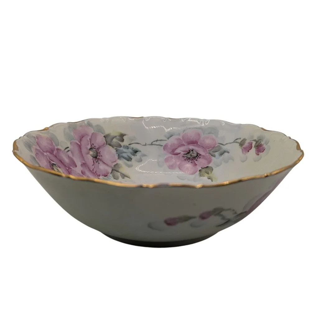Vintage Seltmann Weiden Serving Bowl Green‎ Pink Floral Hand Painted Nine in SEE